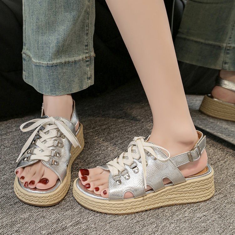 Lace-Up Slingback Faux Leather Wedge Sandals