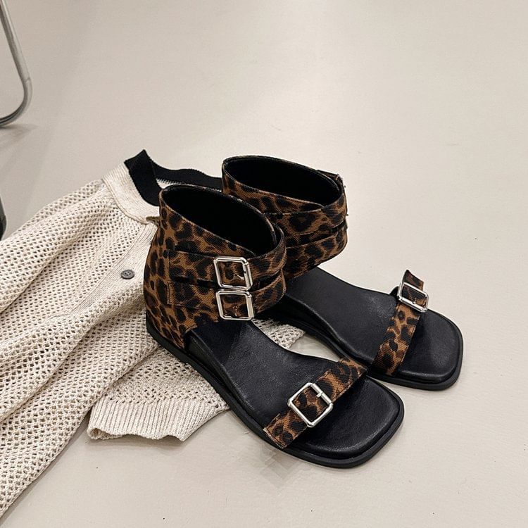 Strappy Buckled Faux Leather Wedge Sandals