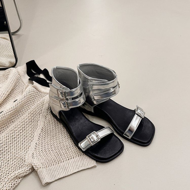 Strappy Buckled Faux Leather Wedge Sandals