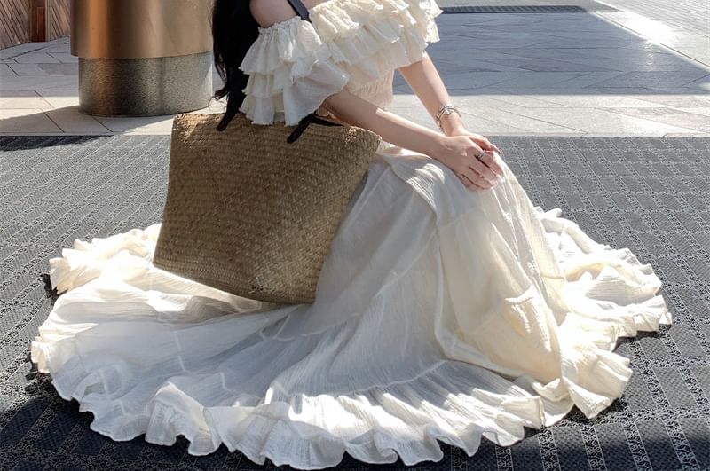 Off-Shoulder Tiered Ruffle Crop Top and High Waist Maxi Skirt Set