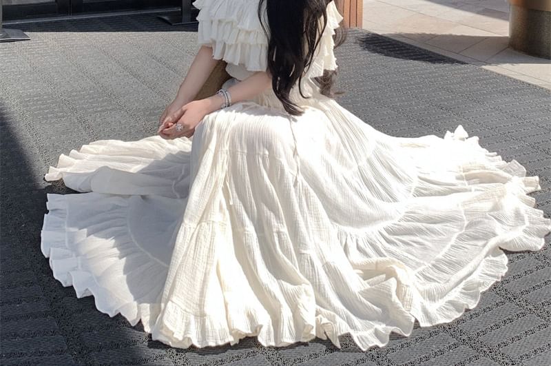 Off-Shoulder Tiered Ruffle Crop Top and High Waist Maxi Skirt Set