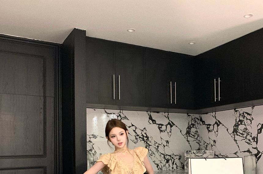 Mock Neck Cap Sleeve Lace Crop Top and Mid Rise Maxi Skirt Set