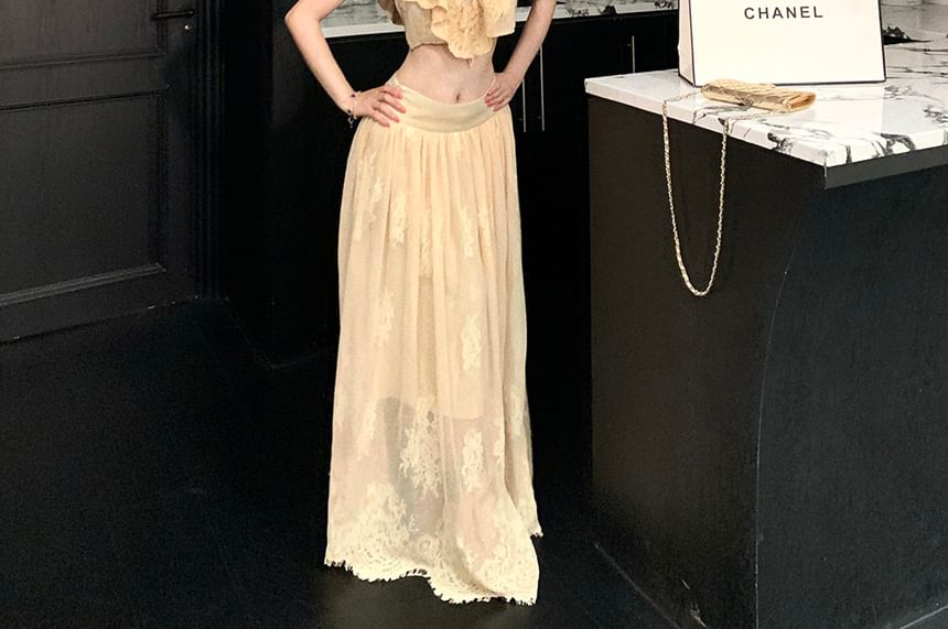 Mock Neck Cap Sleeve Lace Crop Top and Mid Rise Maxi Skirt Set