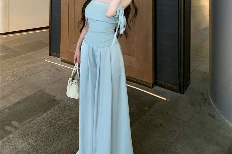 Off-Shoulder Ruched Slim Fit Top with High Waist Culottes Set