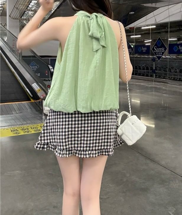 Halter Neck Plain Loose-Fit Tank Top / High Waist Gingham Ruffled Hem Mini Skirt