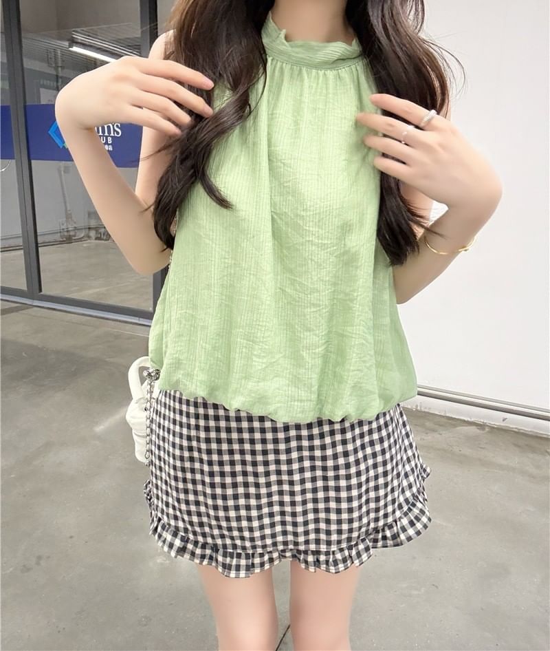 Halter Neck Plain Loose-Fit Tank Top / High Waist Gingham Ruffled Hem Mini Skirt
