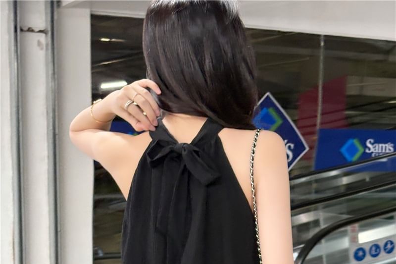 Halter Neck Plain Loose-Fit Tank Top / High Waist Gingham Ruffled Hem Mini Skirt
