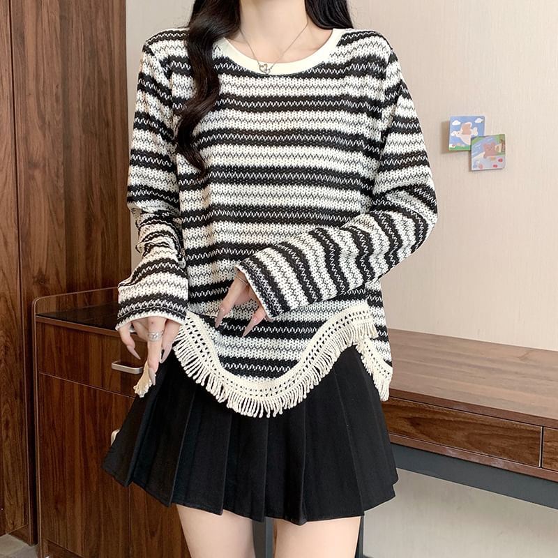 Fringed Striped Crew Neck Long-Sleeve Knit Top