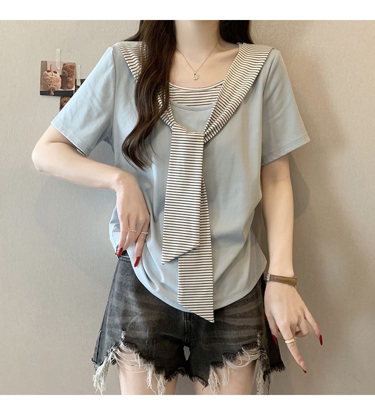 Striped Ruched Two-Piece Scoop Neck Tee
