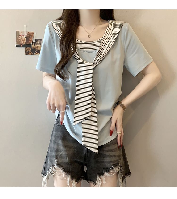 Striped Ruched Two-Piece Scoop Neck Tee