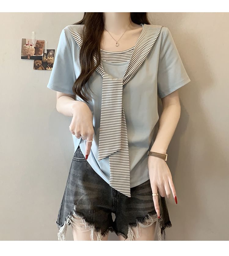 Striped Ruched Two-Piece Scoop Neck Tee