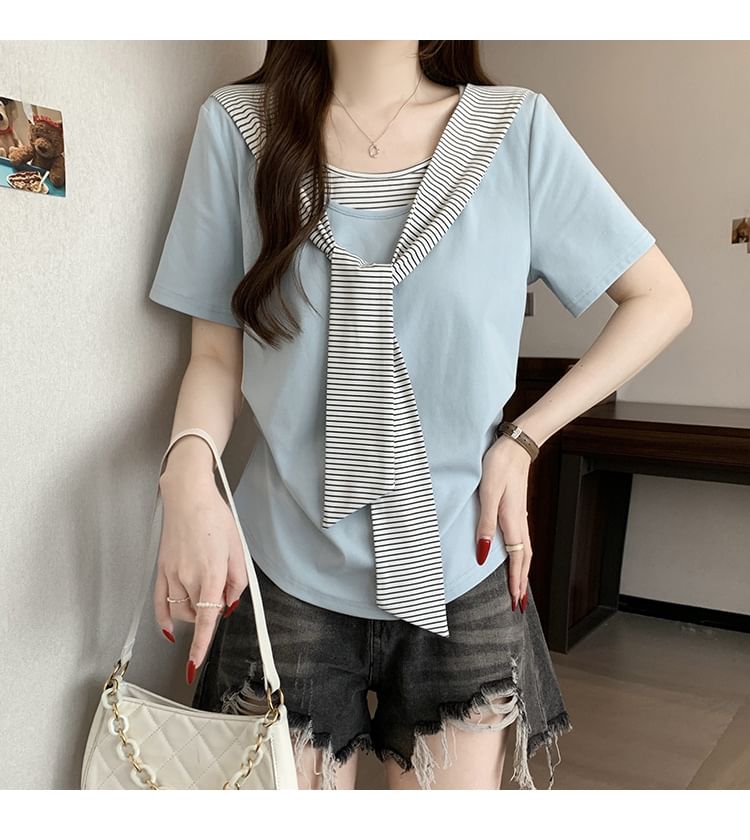 Striped Ruched Two-Piece Scoop Neck Tee