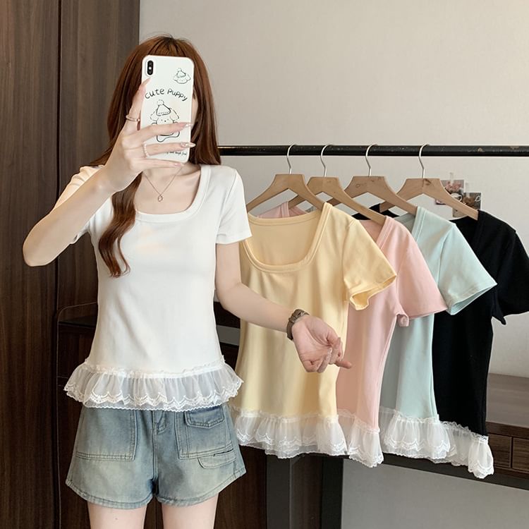 Lace Panel Scoop Neck Slim Fit Short Tee