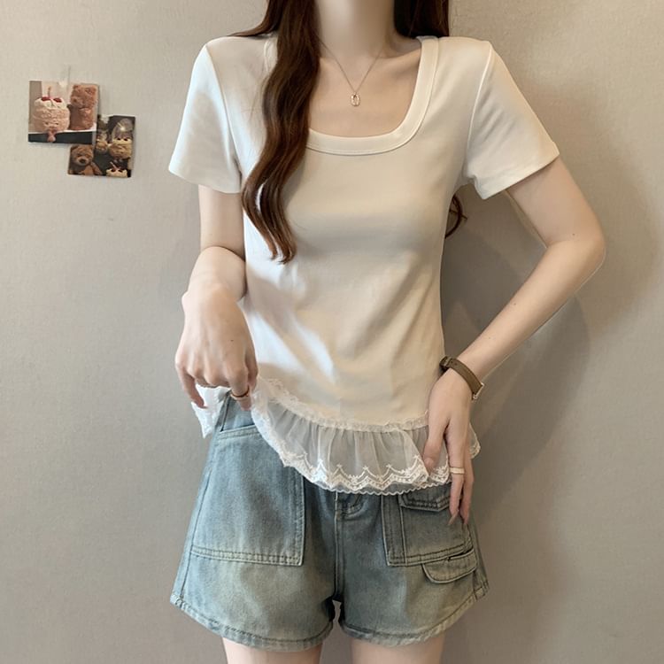 Lace Panel Scoop Neck Slim Fit Short Tee