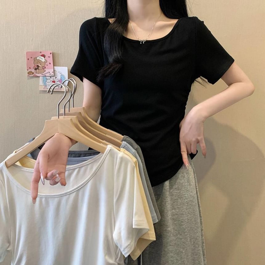 Asymmetrical Ruffle Trim Boat Neck Short Tee