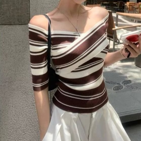 Striped Off-Shoulder Knit Tee with Short Sleeves