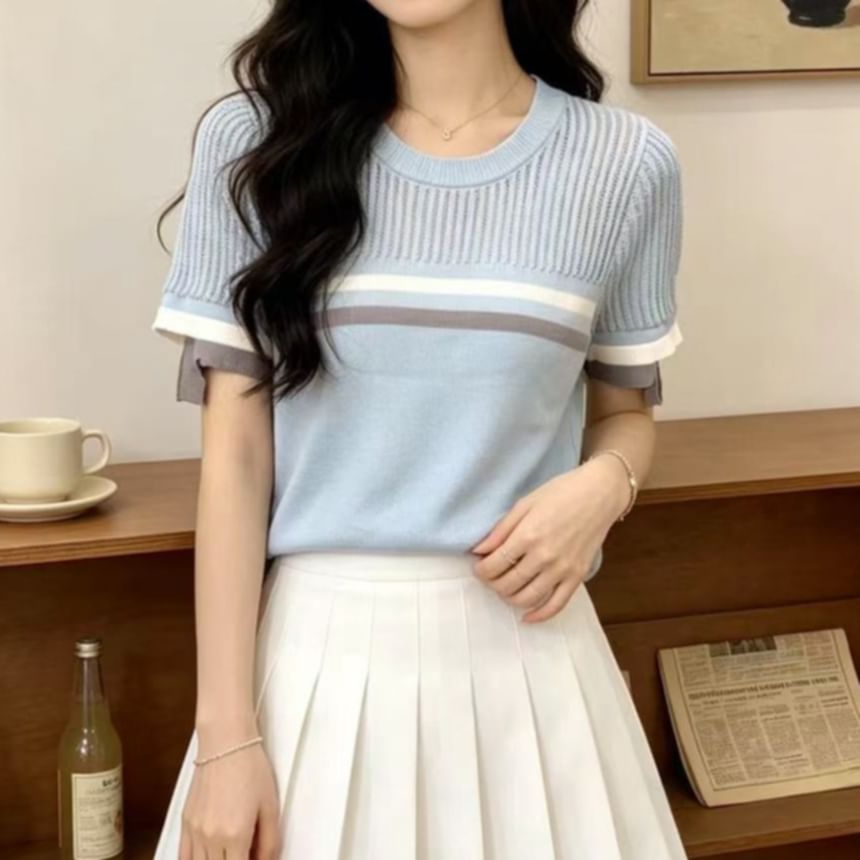 Ribbed Crewneck Knit Top with Short Sleeves