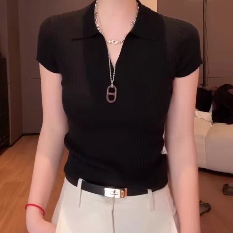Knit Polo Top with Short Sleeves