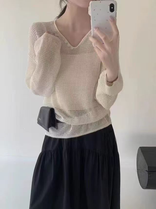 Perforated V-Neck Knit Top with Long Sleeves