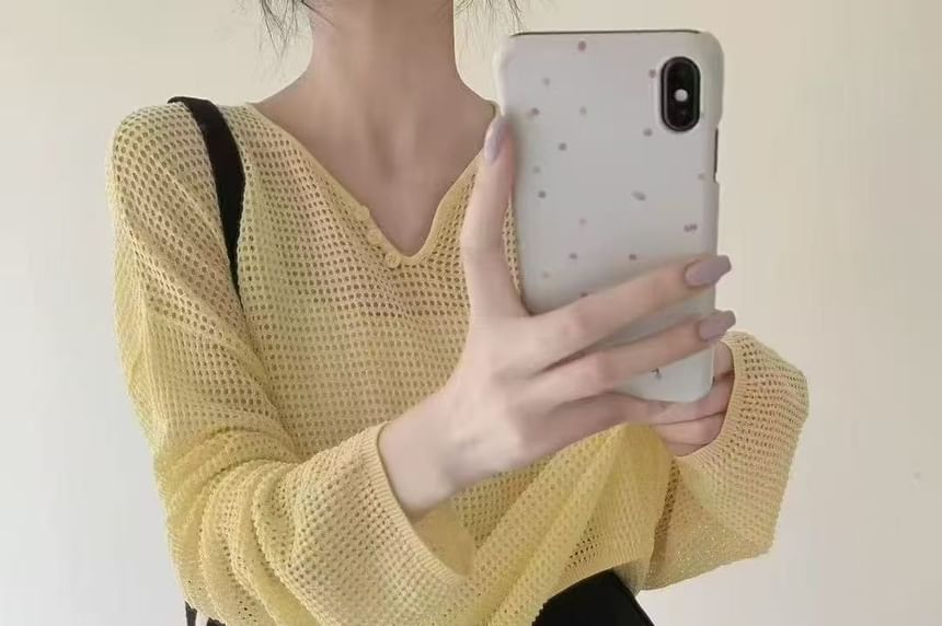 Perforated V-Neck Knit Top with Long Sleeves