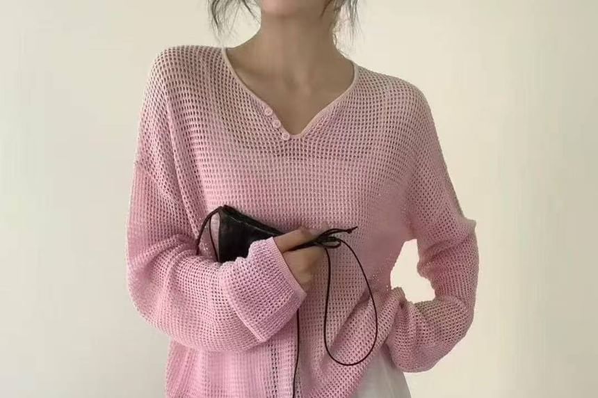 Perforated V-Neck Knit Top with Long Sleeves