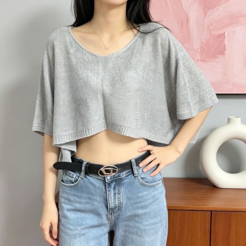 Cropped Boatneck Knit Tee with Three-Quarter Sleeves