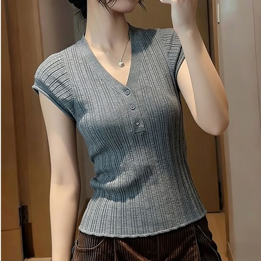Henley V-Neck Knit Top with Short Sleeves