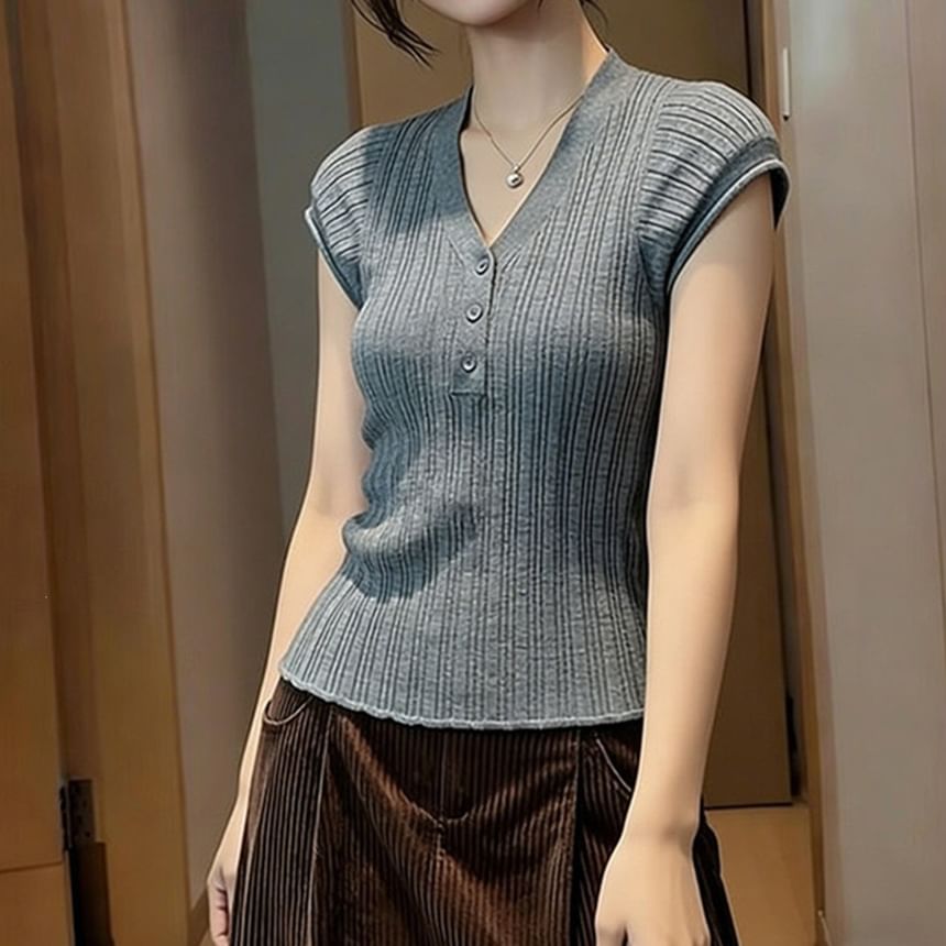 Henley V-Neck Knit Top with Short Sleeves