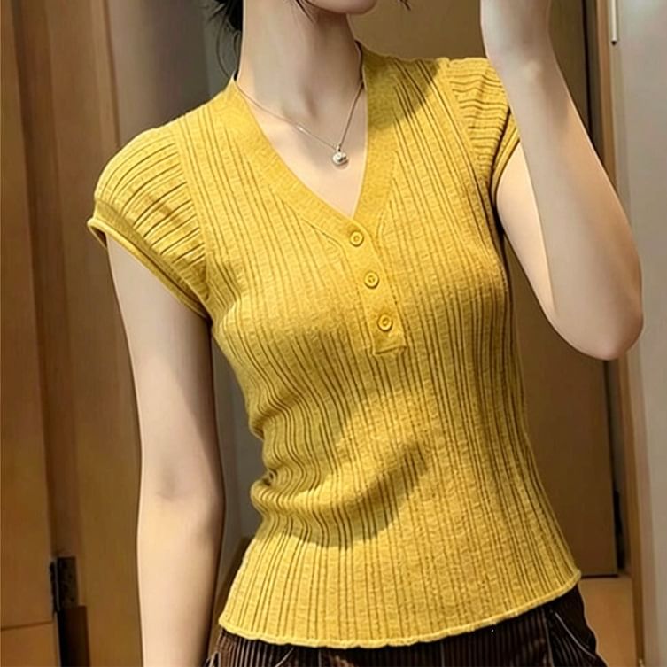 Henley V-Neck Knit Top with Short Sleeves