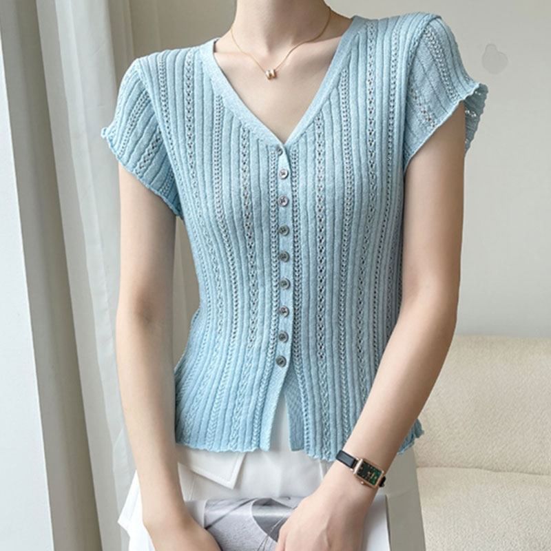 V-Neck Cap Sleeve Eyelet Knit Blouse with Buttons