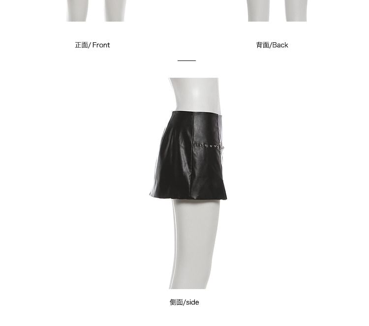Cutout Cropped Top and Faux Leather Mini Skirt Set