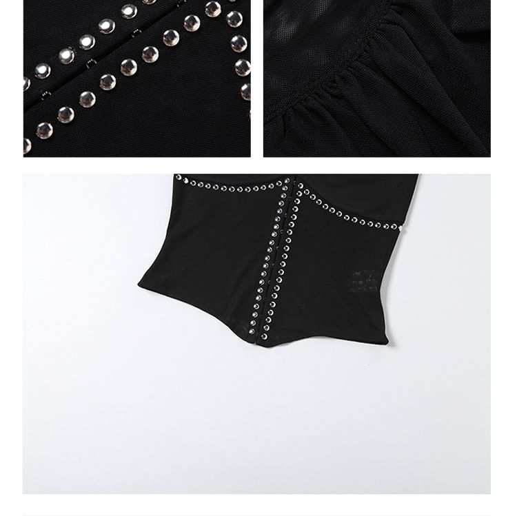 Cutout Cropped Top and Faux Leather Mini Skirt Set