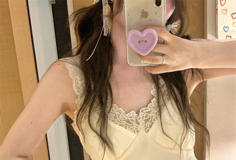 V-Neck Lace Panel Camisole with Shorts and Straight Pants Set