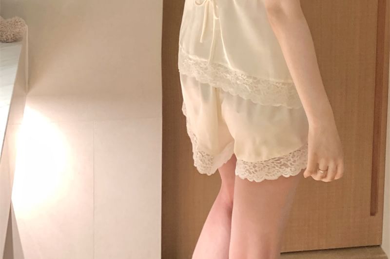 V-Neck Lace Panel Camisole with Shorts and Straight Pants Set