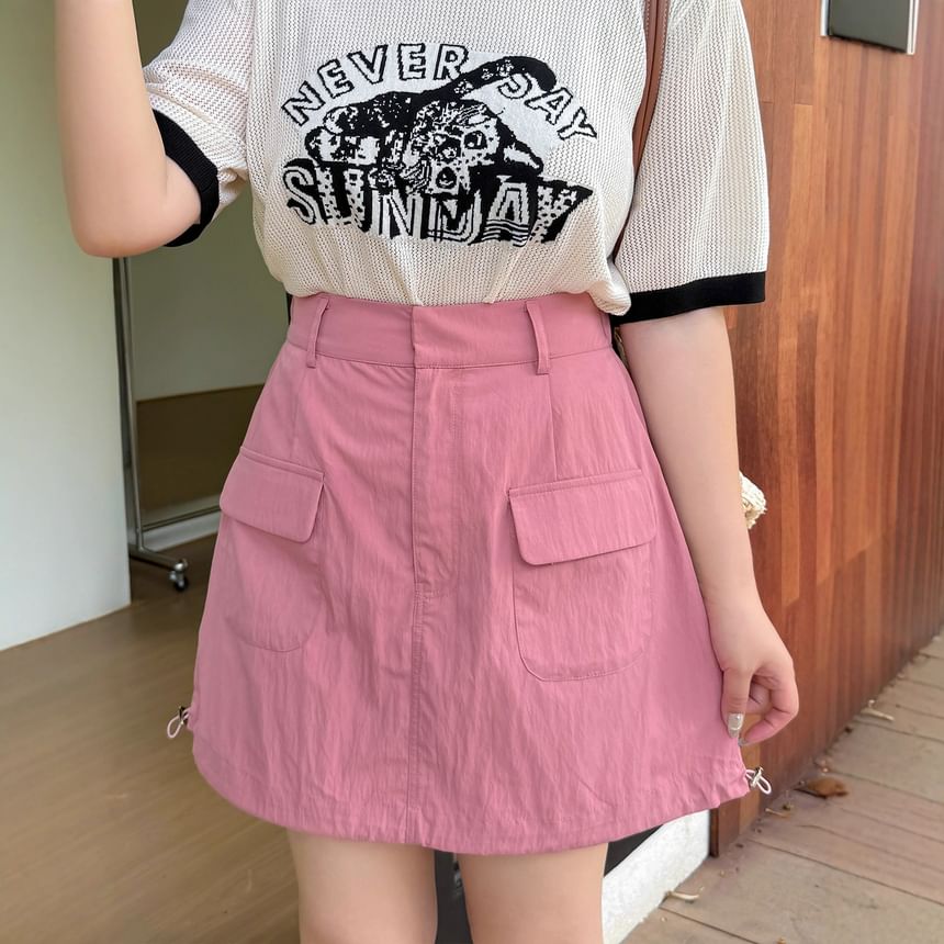 [XL-4XL]High Waist Plain Pocket Detail Mini A-Line Skirt