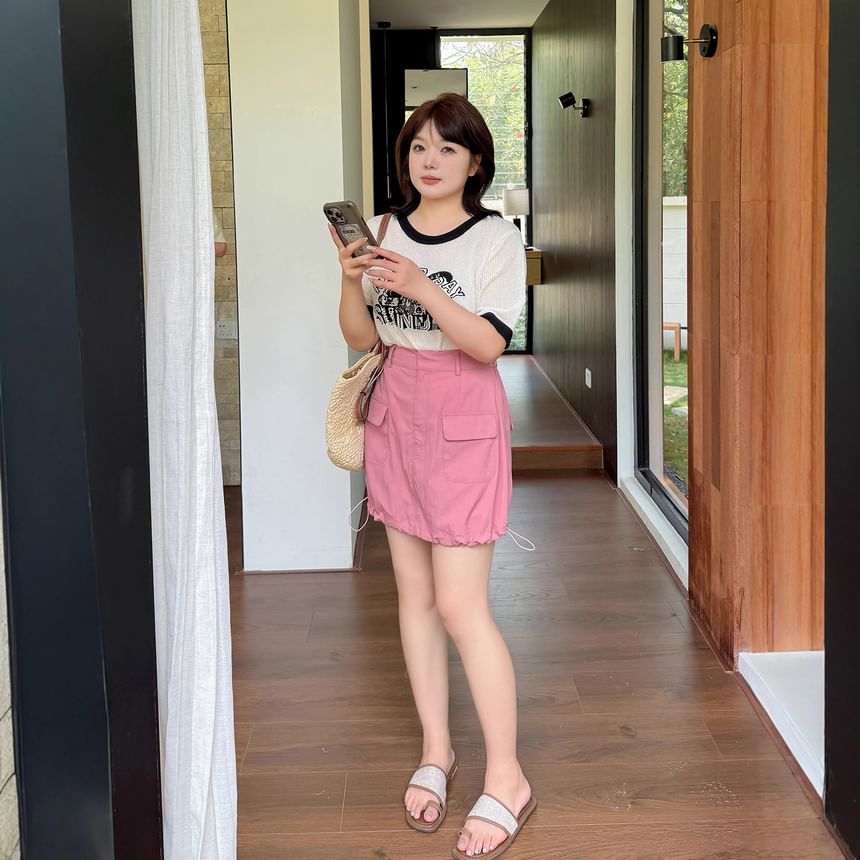 [XL-4XL]High Waist Plain Pocket Detail Mini A-Line Skirt