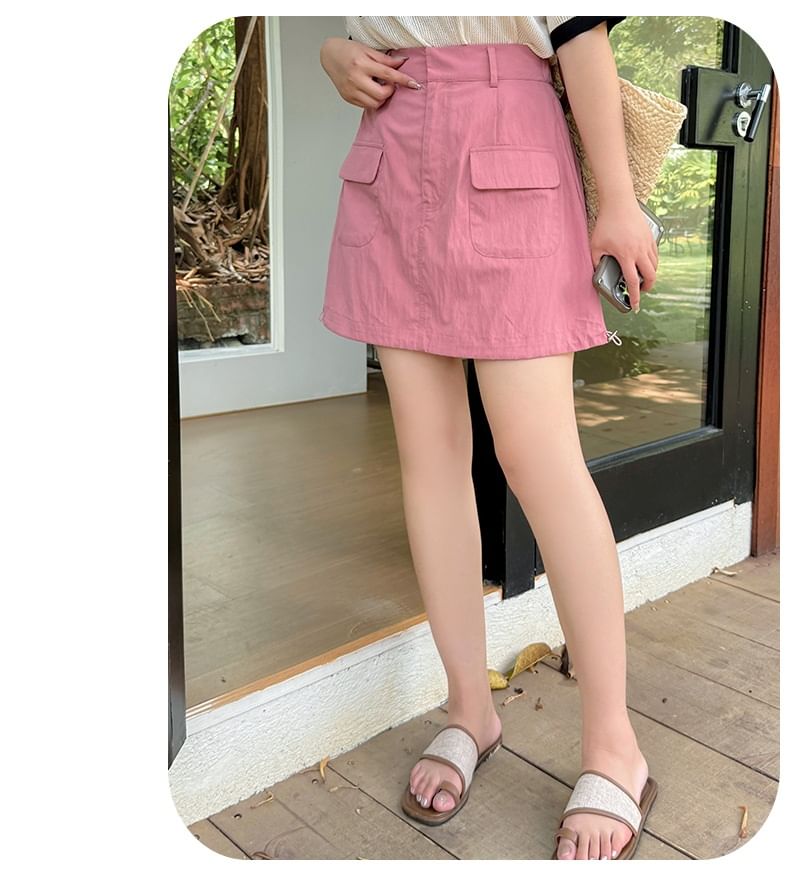 [XL-4XL]High Waist Plain Pocket Detail Mini A-Line Skirt