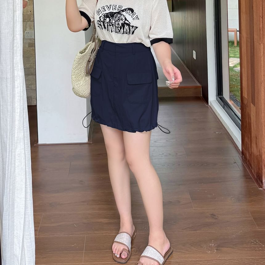 [XL-4XL]High Waist Plain Pocket Detail Mini A-Line Skirt