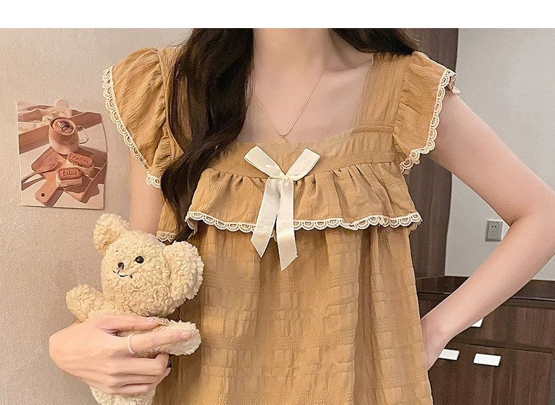 Pajama Set: Cap-Sleeve Square Neck Lace Trim Padded Top + Shorts