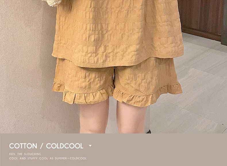 Pajama Set: Cap-Sleeve Square Neck Lace Trim Padded Top + Shorts