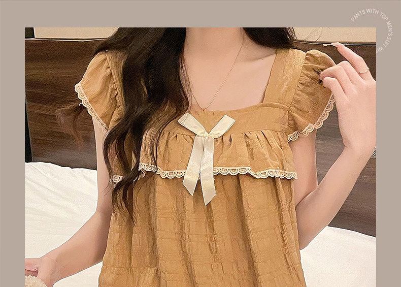 Pajama Set: Cap-Sleeve Square Neck Lace Trim Padded Top + Shorts