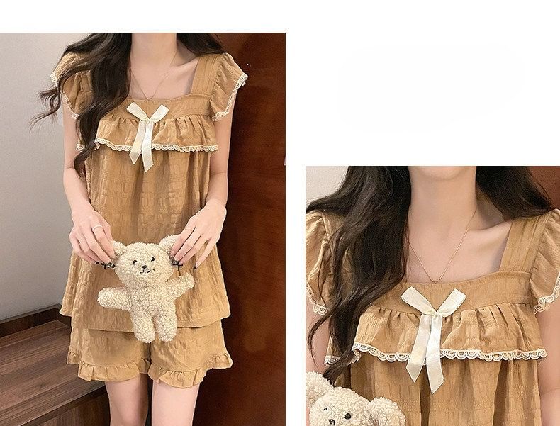 Pajama Set: Cap-Sleeve Square Neck Lace Trim Padded Top + Shorts