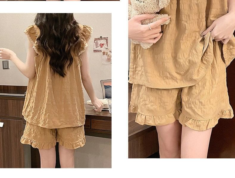 Pajama Set: Cap-Sleeve Square Neck Lace Trim Padded Top + Shorts