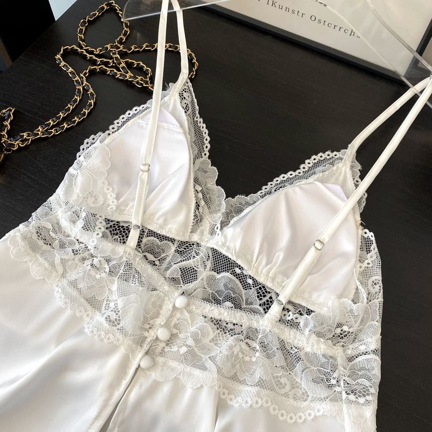 Pajama Set: V-Neck Lace Panel Padded Camisole Top + Shorts