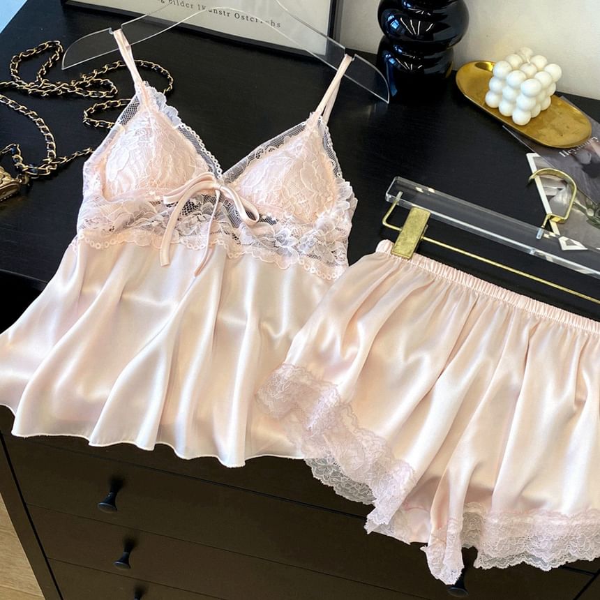 Pajama Set: V-Neck Lace Panel Padded Camisole Top + Shorts