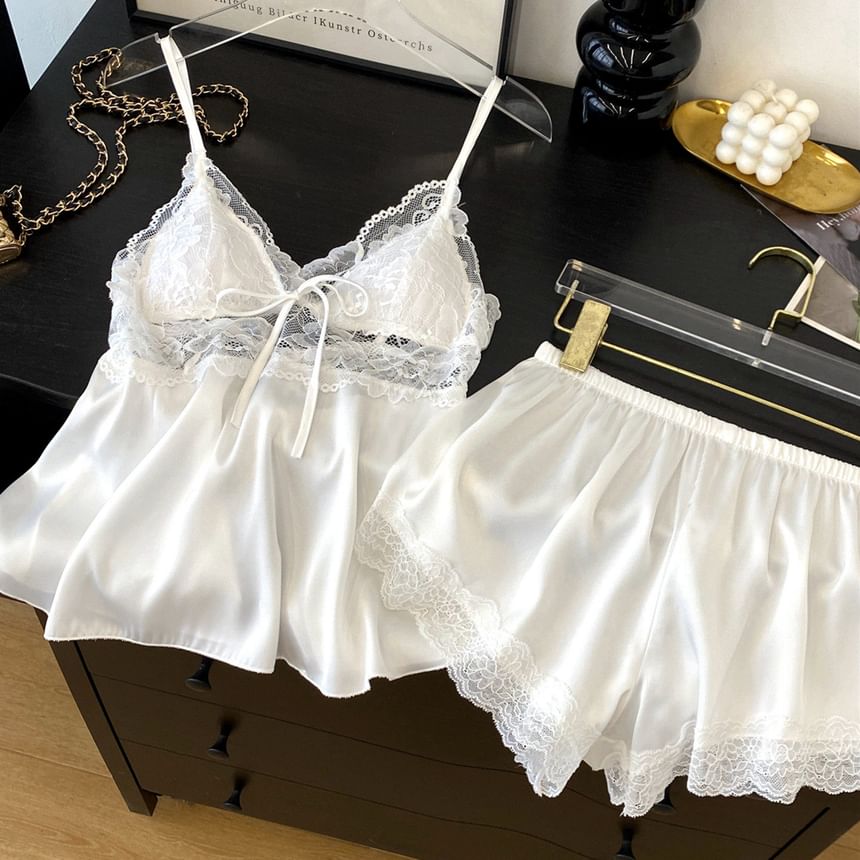 Pajama Set: V-Neck Lace Panel Padded Camisole Top + Shorts