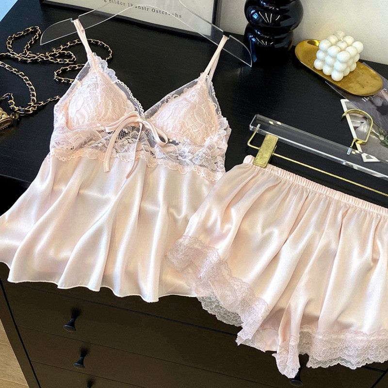 Pajama Set: V-Neck Lace Panel Padded Camisole Top + Shorts