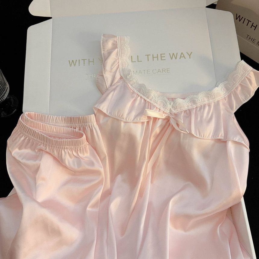 Pajama Set: V-Neck Lace Trim Padded Tank Top + Shorts