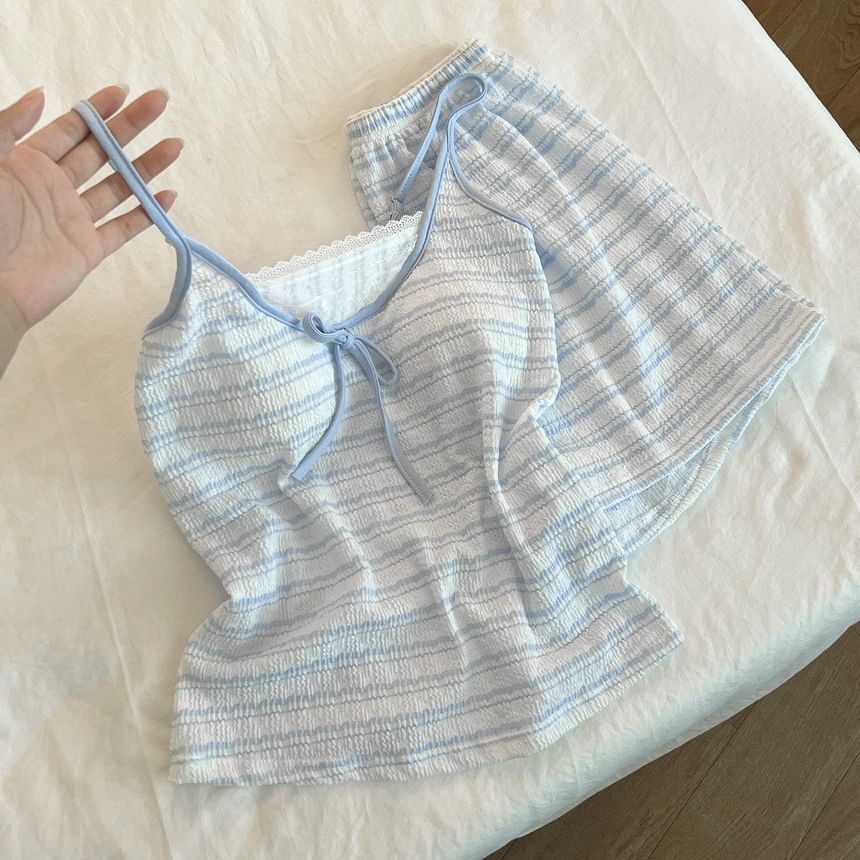 Pajama Set: Scoop Neck Striped Lace Panel Padded Camisole Top + Shorts