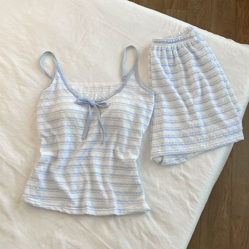 Pajama Set: Scoop Neck Striped Lace Panel Padded Camisole Top + Shorts